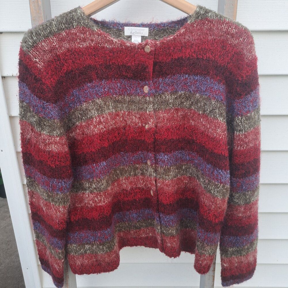 Christopher & Banks Striped Fuzzy Cardigan Sweater Womens Large Mohair Blend Red - Picture 2 of 9